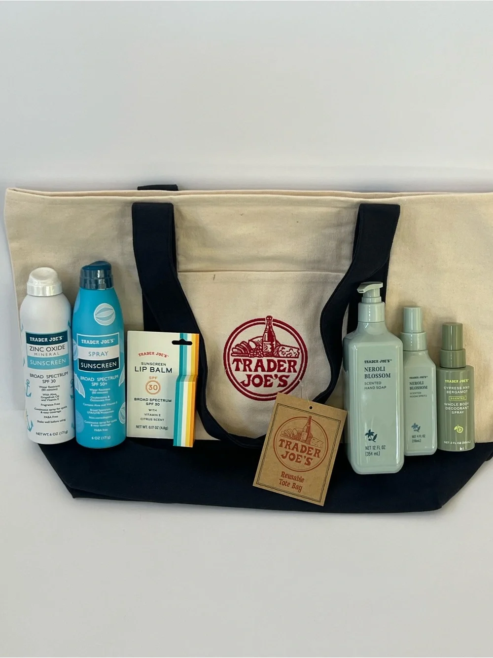 Trader Joe’s Summer Spa Bundle Navy Canvas Tote Sunscreen SPF Soap Neroli Spritz